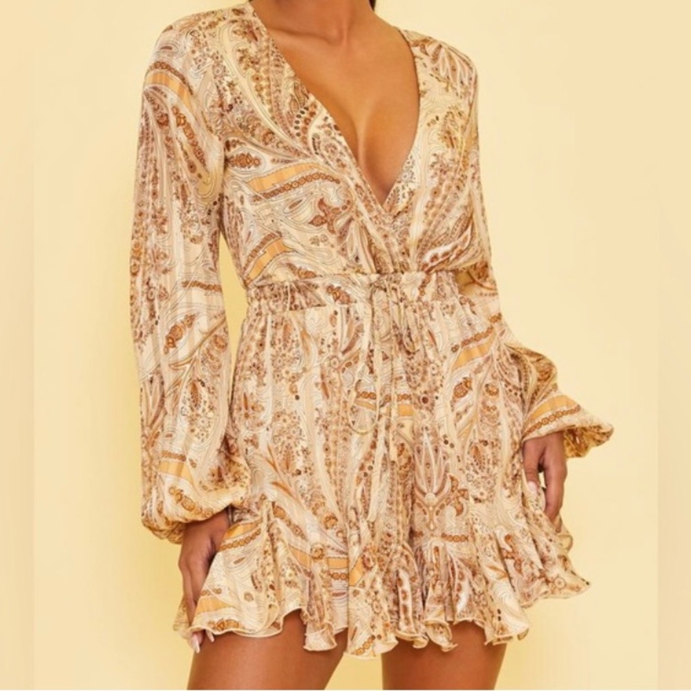 Luxxel Cream and Gold Paisley Long-Sleeve Ruffled Romper